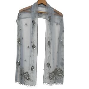 J & X NY Women’s Sheer Silver Beaded Sequins Floral Shawl Wrap Formal Festival